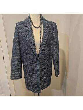 Esprit Women’s Longline Tweed Blazer Teal Blue Textured Weave Jacket Size 8
